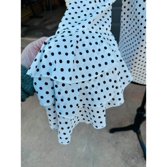 Boston Proper Black White Polka Dot Blouse Ruffled Bell Sleeves Keyhole Neckline - Picture 7 of 11